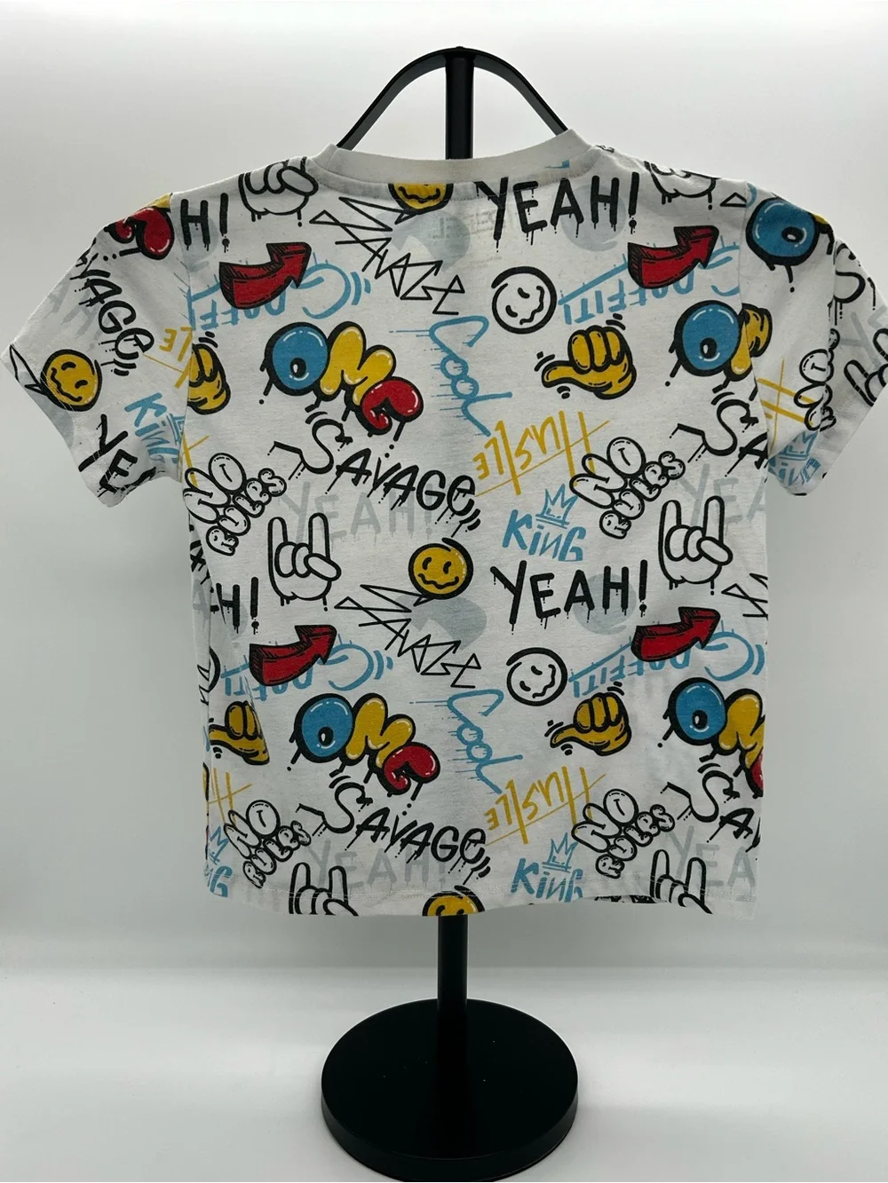rebels White Graphic Tee with Red, Blue & Yellow Doodles Size 7